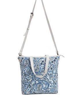 Blue Paisley Canvas Tote with White Leather Trim